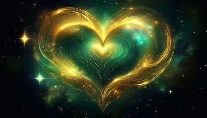 cosmic heart abstract gold and green nebula