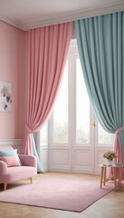 Pastel Pink and Blue Curtains in a Chic Interior