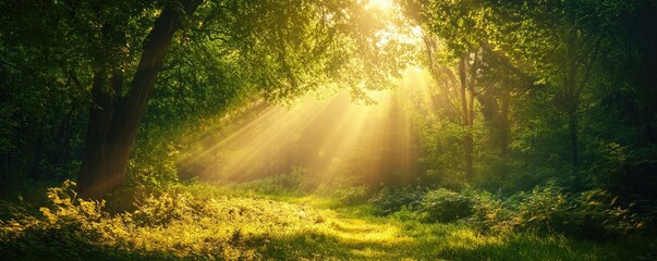 Obraz premium Beautiful rays of sun light in green magic forest. copy space for text. MZ 