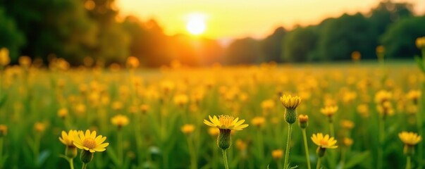 Obraz premium Soft focus sunset field landscape with yellow flowers and grass meadow during golden hour, tranquil spring nature with blurred forest background, grass meadow, idyllic