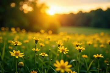 Soft focus sunset field landscape with yellow flowers, grass meadow, warm golden hour light, tranquil nature, spring summer, blurred forest background,  yellow flowers,  nature