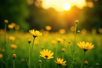 Soft focus sunset field with yellow flowers and grass meadow, warm golden hour light, tranquil spring summer nature, blurred forest background,  nature,  grass meadow