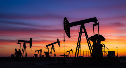 Silhouetted oil pumps stand tall against a breathtaking sunset, a fiery spectacle marking the end of a day in the oil fields.