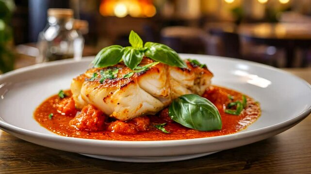 Seared cod fillet served on a bed of vibrant tomato sauce, garnished with fresh basil leaves