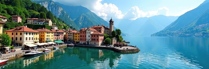Stunning panoramic view of Varenna town on Como Lake district with colorful buildings lining the waterfront and lush green hills in the background,  Italy,  destination