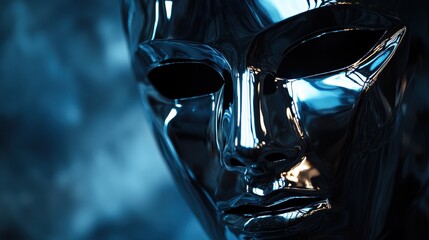 Close-up of a shiny chrome mask reflecting light with a mysterious ambiance and an eerie presence