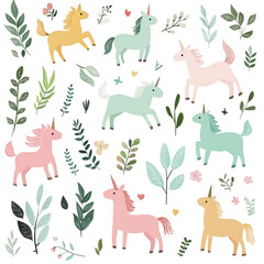 Obraz premium Cute, colorful unicorns and whimsical foliage create a playful pattern, perfect for children's designs or magical themes, on a white isolated background.