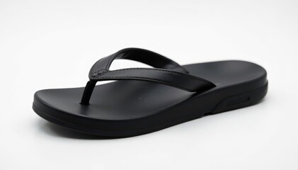 Single black flip-flop on white background, close-up view, sole, macro