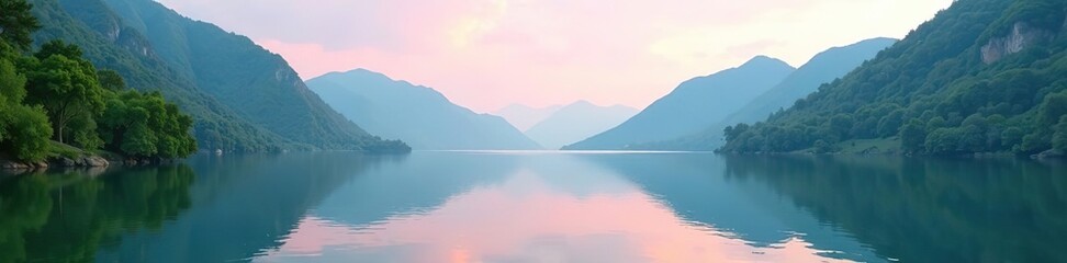 Soothing background of a tranquil lake surrounded by lush green mountains and soft pink skies,  mountains,  landscapes