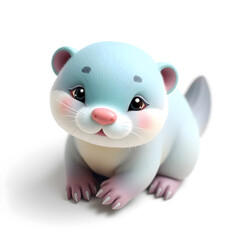 Naklejka premium Otter – 3D baby otter, tiny paws, adorable face, pastel turquoise and lilac tones, white background. Generative AI