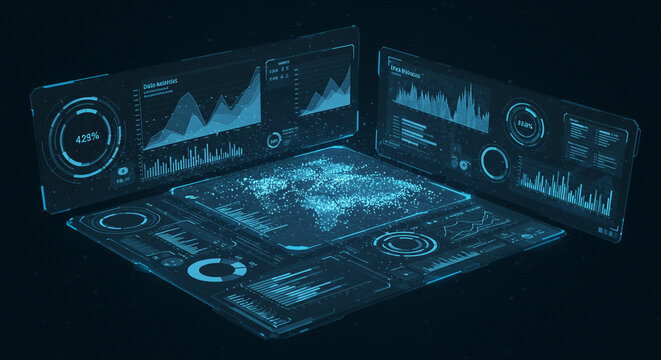 Unveiling global data streams: a futuristic interactive display showcasing dynamic graphs and intricate data points in cool blue hues. - Powered by Adobe