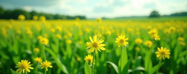 Fototapeta premium Soy flowers blooming in a sunny field surrounded by lush green growing soybeans, farm, plant