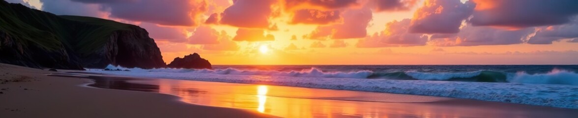 Naklejka premium Stunning sunset landscape of Westcombe Beach in Devon England, jagged rocks, cloud formations, Devon, landscape