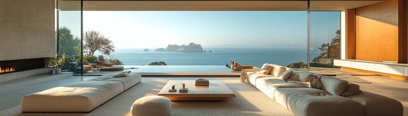 Fototapeta premium Luxury beachfront living room with stunning ocean view 
