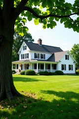 Spacious two-story house with a sprawling green yard, framed by a leafy tree in the background,  outdoor,  large