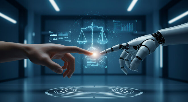 Human and AI hand reaching towards a glowing scales of justice symbol, symbolizing collaborative future of law and technology with a futuristic blue digital background.