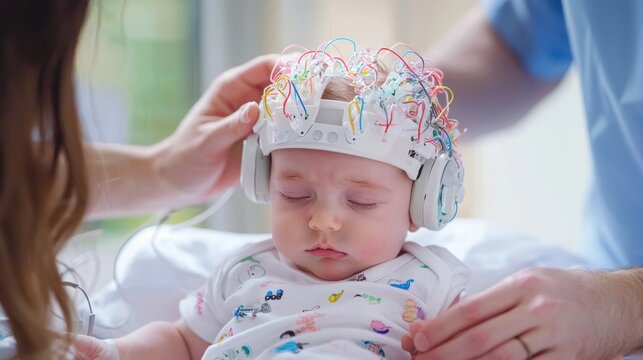 EEG test for a baby with supportive medical staff. 