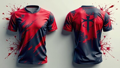 Sublimation jersey design with modern grunge background, camouflage paint splash, striking stripes, spikes, red/grey color palette, Japanese calligraphy brush elements,  stripes,  camouflage