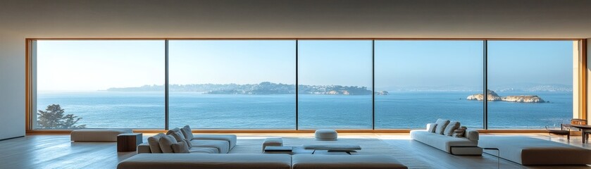 Fototapeta premium Panoramic ocean view from a modern, sunlit living room. Large windows provide an unobstructed vista of the sea and horizon. The minimalist interior creates a sense of calm and serenity.