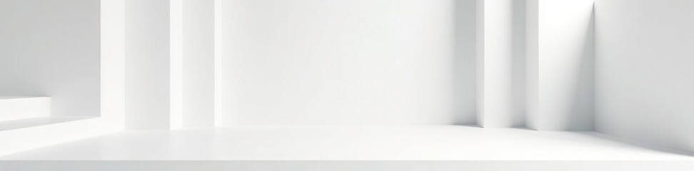 Soft light white abstract stage with futuristic geometric style, simple lines, polygons background, white wood shelf for advertisement, presentation products,  lines,  elegant