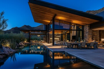 Fototapeta premium A desert modern mansion at night, complete with a swimming pool and outdoor living area