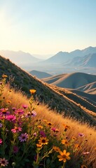 Softly glowing landscape with rolling hills, vibrant wildflowers, and swaying grasses against a high desert backdrop,  wildflowers,  grasses