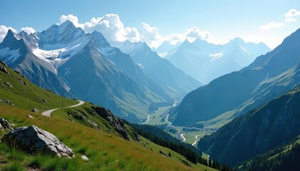 Fototapeta premium Spectacular mountain landscape with winding roads leading to distant peaks, roads, nature