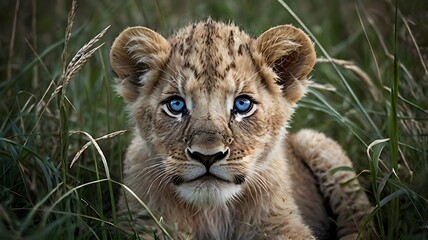 Fototapeta premium A newborn lion cub with big blue eyes, resting in tall grass, soft fur texture, National Geographic style