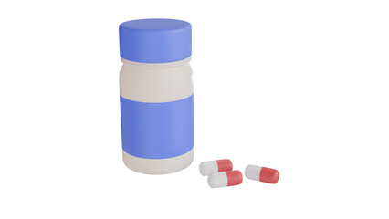 Pharmaceutical bottle with several pills beside it 3D rendering