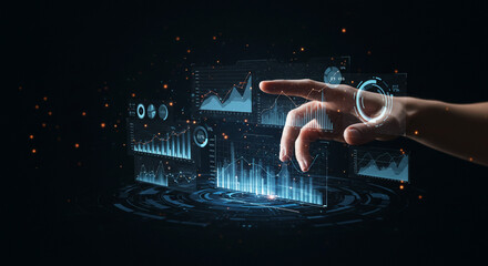 A hand gracefully interacts with a futuristic data visualization, exploring complex charts and graphs in a dark, technological landscape.