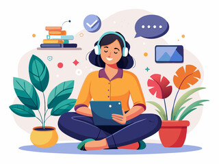 Remote Work Communication Vector with Headset and Tablet