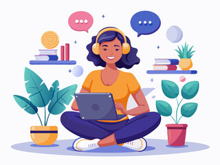 Remote Work Communication Vector with Headset and Tablet