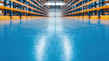 Obraz premium Expansive Interior of a Modern Warehouse with Blue Flooring and Organized Shelving Units