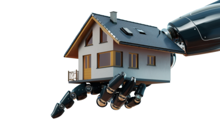 Robotic arm holding modern house on transparent background
