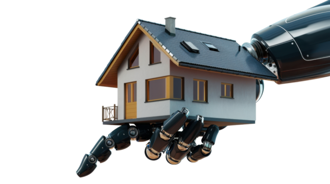 Robotic arm holding modern house on transparent background