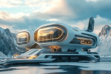Obraz premium Futuristic structure on a snowy landscape surrounded by mountains at sunrise