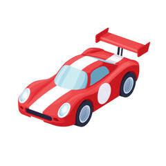 Red race car with a sleek design and sporty features, isolated on a white background for a striking visual appeal.