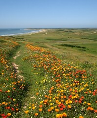Fototapeta premium A scenic landscape view showing a path and ocean shore