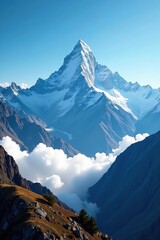 Summit of Annapurna South towering above clouds in Nepal's majestic mountains,  Himalayas,  snow