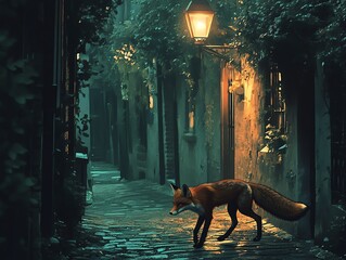 Mysterious fox in a dimly lit alley.