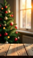 Sunlit Christmas tree background behind an empty wooden table top,  empty table,  illuminated
