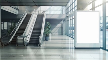 Fototapeta premium Quiet airport departure lounge, white blank billboard near escalator. Spacious, minimalistic, and serene ambiance