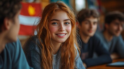 Obraz premium Smiling redhead among friends in casual setting