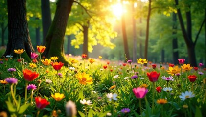 Sunlit forest bursting with vibrant spring flowers and wildflowers, bathed in golden light,  forest,  colorful