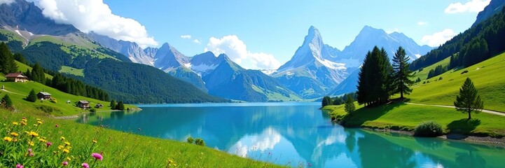 Sunny summer landscape showcasing the blue lake and Matterhorn in Breuil-Cervinia, Aosta Valley, Italy,  scenic landscape,  lake