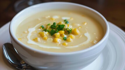 Creamy Corn Soup: Golden Velvety Broth with Crispy Bacon Bits and Fresh Herb Garnish
