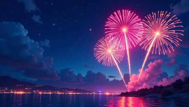 Colorful fireworks bursting in night sky at anime-themed New Year festival, sky, fireworks