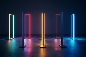 Neon Light Rectangles Creating an Abstract Geometric Pattern on Dark Surface