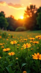 Obraz premium Sunset field landscape with yellow flowers and grass meadow at golden hour, blurred forest background, tranquil nature scene, nature, golden hour