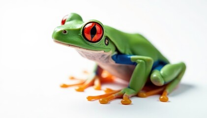 Fototapeta premium Single red-eyed tree frog on white, striking contrast, vivid, design element, contrast